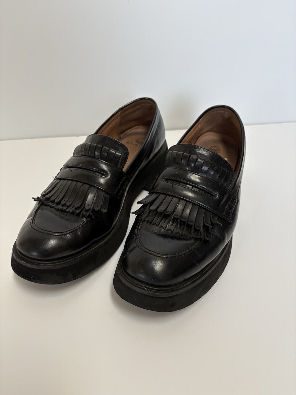 Ekonika Black Leather Kiltie Fringe Platform Loafers EU 41 US 10.5 Chunky Sole